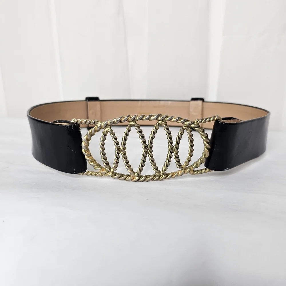 Vintage Imperial Belt Corporation Black Ornate Gold Roped Metal Buckle Belt